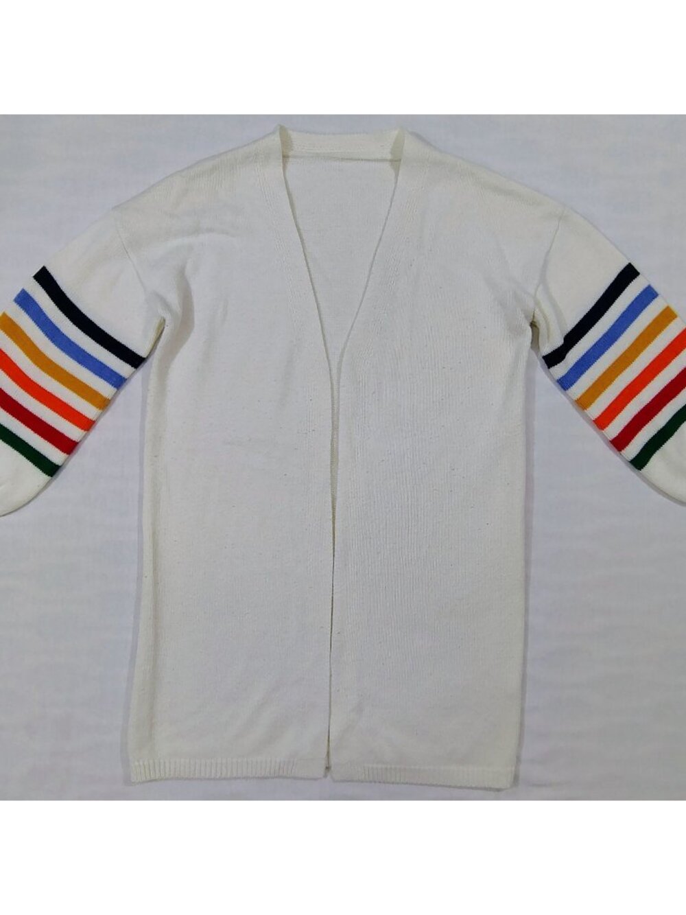 Open Front Cardigan Sweater Duster Womens S Rainbow Striped Sleeves Cream Knit